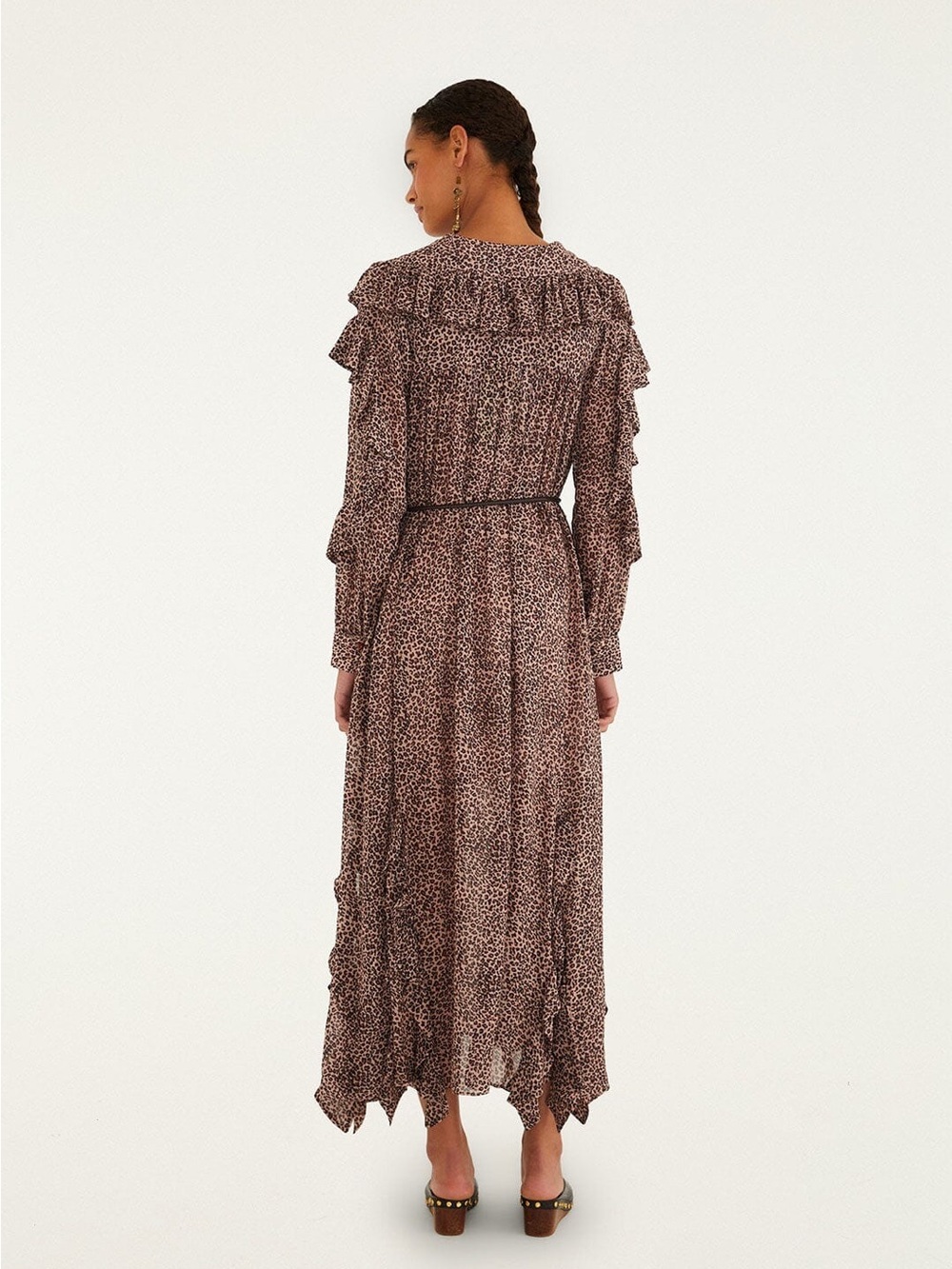 FARM Rio Pink Baby Leopard Long Sleeve Angled Frill Maxi Dress Size Large NWT - Picture 3 of 8